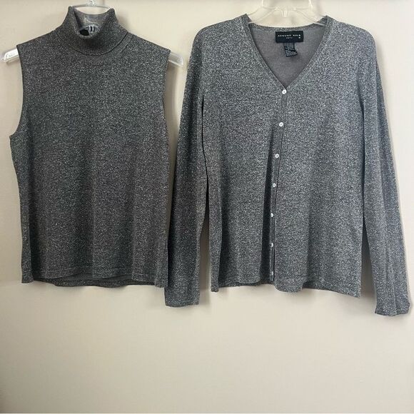 August Silk Gray Metallic Shimmer Silk Blend Cowl Cardigan Sweater Set Large - Picture 2 of 14